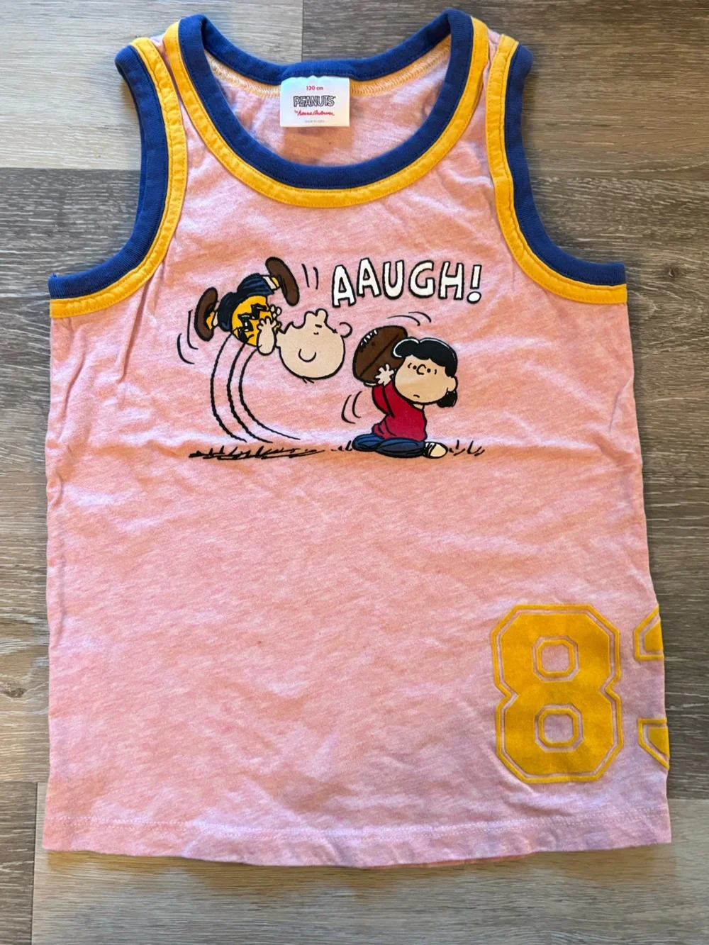 Hanna Andersson Pink Tank with Navy & Yellow Trim Peanuts Graphic